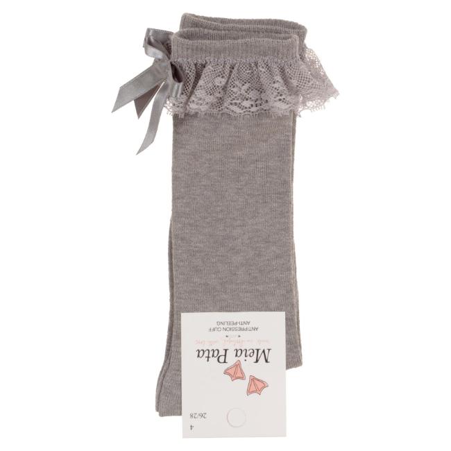 Picture of Meia Pata Knee Socks With Lace & Satin Bow - Grey