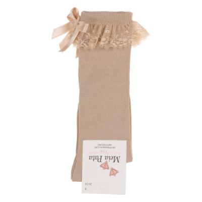 Picture of Meia Pata Knee Socks With Lace & Satin Bow - Beige