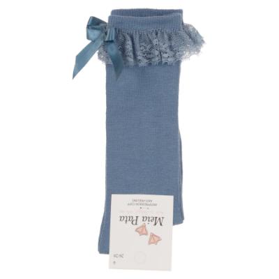 Picture of Meia Pata Knee Socks With Lace & Satin Bow - Azul Blue