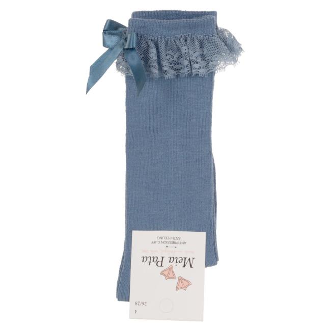 Picture of Meia Pata Knee Socks With Lace & Satin Bow - Azul Blue