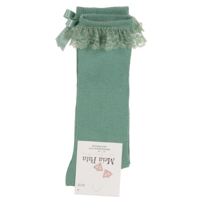 Picture of Meia Pata Knee Socks With Lace & Satin Bow - Dry Green