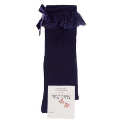 Picture of Meia Pata Knee Socks With Lace & Satin Bow - Navy Blue