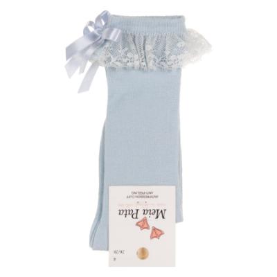 Picture of Meia Pata Knee Socks With Lace & Satin Bow - Baby Blue