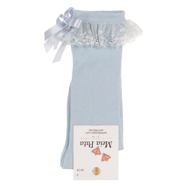 Picture of Meia Pata Knee Socks With Lace & Satin Bow - Baby Blue