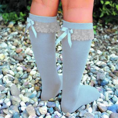 Picture of Meia Pata Knee Socks With Lace & Satin Bow - Baby Blue