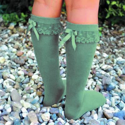 Picture of Meia Pata Knee Socks With Lace & Satin Bow - Dry Green
