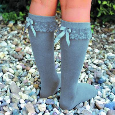 Picture of Meia Pata Knee Socks With Lace & Satin Bow - Azul Blue