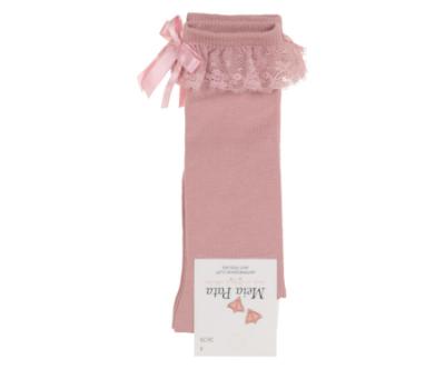 Picture of Meia Pata Knee Socks With Lace & Satin Bow - Dark Pink