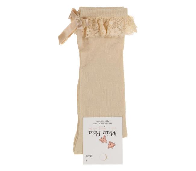 Picture of Meia Pata Knee Socks With Lace & Satin Bow - Champagne