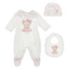 Picture of PRE ORDER Monnalisa Bebe Girls Bear & Hearts Ruffle Babygrow With Hat & Bib Set X 3 - Pink