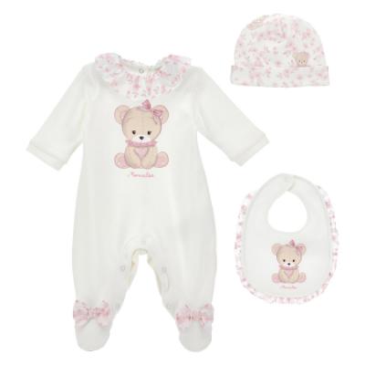 Picture of PRE ORDER Monnalisa Bebe Girls Bear & Hearts Ruffle Babygrow With Hat & Bib Set X 3 - Pink