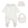 Picture of PRE ORDER Monnalisa Bebe Girls Bear & Hearts Ruffle Babygrow With Hat & Bib Set X 3 - Pink