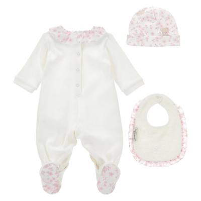Picture of PRE ORDER Monnalisa Bebe Girls Bear & Hearts Ruffle Babygrow With Hat & Bib Set X 3 - Pink