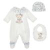 Picture of PRE ORDER Monnalisa Bebe Girls Bear & Hearts Ruffle Babygrow With Hat & Bib Set X 3 - Blue
