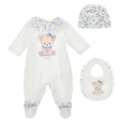 Picture of PRE ORDER Monnalisa Bebe Girls Bear & Hearts Ruffle Babygrow With Hat & Bib Set X 3 - Blue
