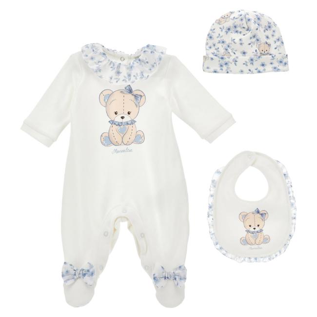 Picture of PRE ORDER Monnalisa Bebe Girls Bear & Hearts Ruffle Babygrow With Hat & Bib Set X 3 - Blue