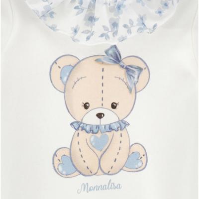 Picture of PRE ORDER Monnalisa Bebe Girls Bear & Hearts Ruffle Babygrow With Hat & Bib Set X 3 - Blue