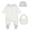 Picture of PRE ORDER Monnalisa Bebe Girls Bear & Hearts Ruffle Babygrow With Hat & Bib Set X 3 - Blue