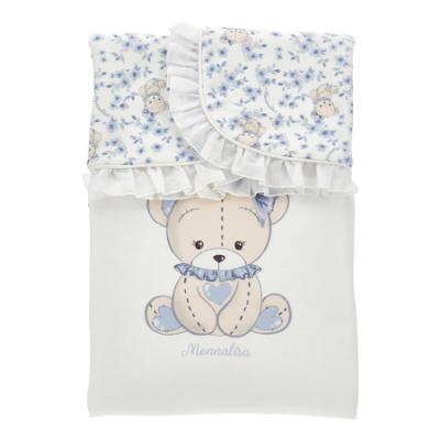 Picture of PRE ORDER Monnalisa Bebe Girls Reversible Bear & Hearts Blanket - Blue