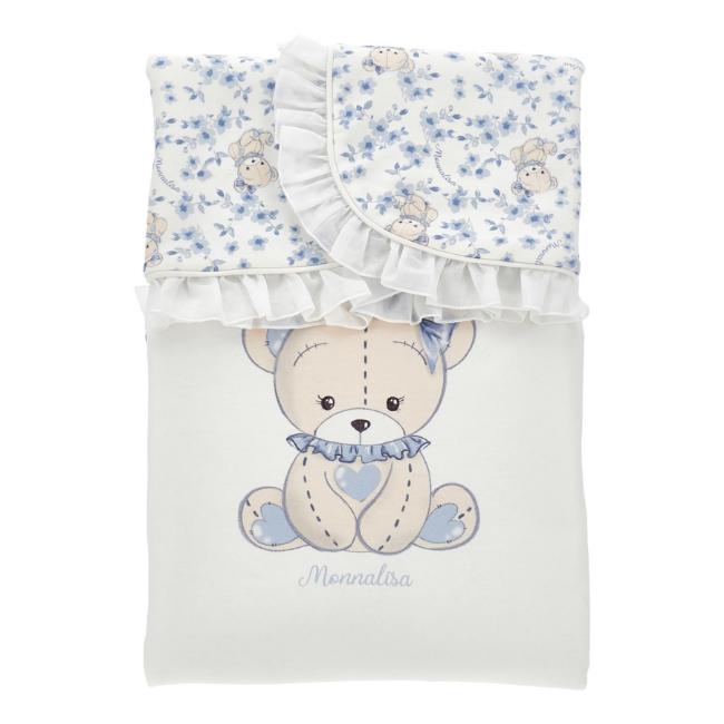 Picture of PRE ORDER Monnalisa Bebe Girls Reversible Bear & Hearts Blanket - Blue