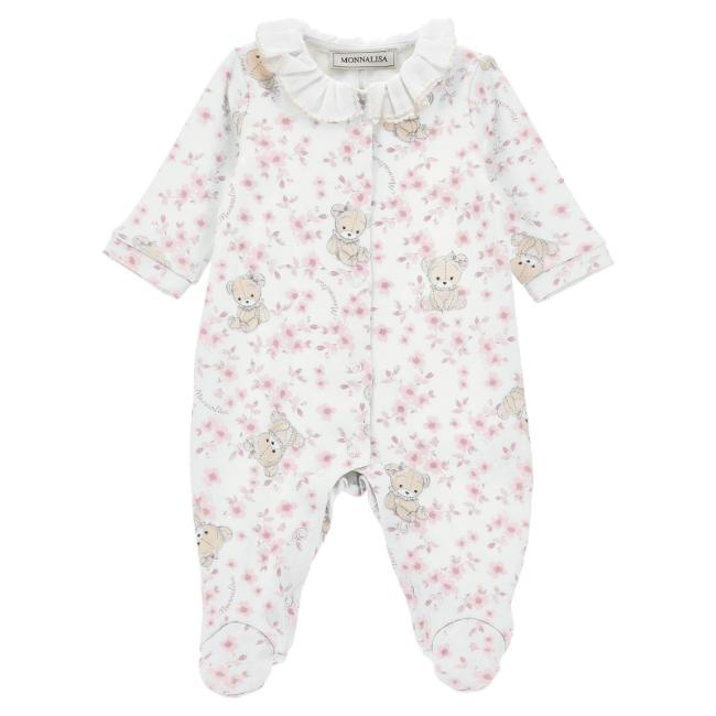 Picture of PRE ORDER Monnalisa Bebe Girls Bear & Floral Ruffle Babygrow - Pink