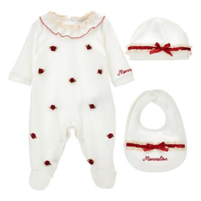 Picture of PRE ORDER Monnalisa Bebe Girls Rosebud & Lace Ruffle Babygrow With Hat & Bib Set X 3 - Ivory Red