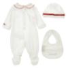 Picture of PRE ORDER Monnalisa Bebe Girls Rosebud & Lace Ruffle Babygrow With Hat & Bib Set X 3 - Ivory Red