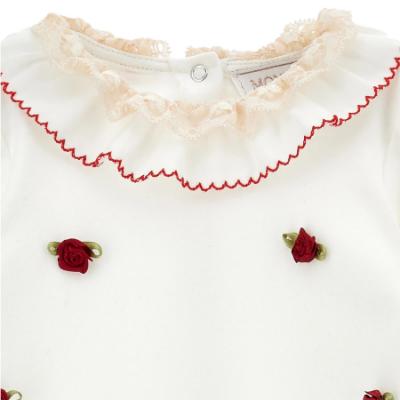 Picture of PRE ORDER Monnalisa Bebe Girls Rosebud & Lace Ruffle Babygrow With Hat & Bib Set X 3 - Ivory Red