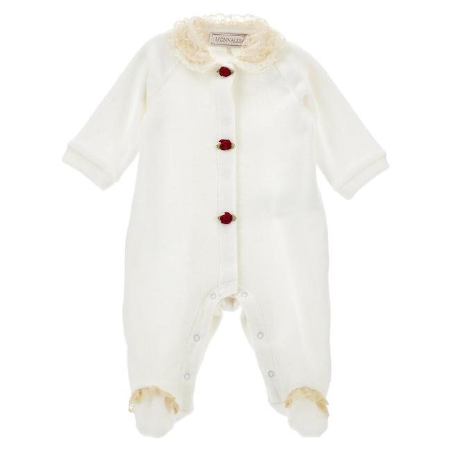 Picture of PRE ORDER Monnalisa Bebe Girls Rosebud & Lace Collar Babygrow - Ivory Red