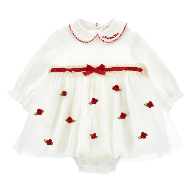 Picture of PRE ORDER Monnalisa Bebe Girls Rosebud Skirted Romper - Ivory Red