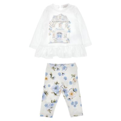 Picture of PRE ORDER Monnalisa Bebe Girls Bear House Top & Leggings Set X 2 - Ivory Blue