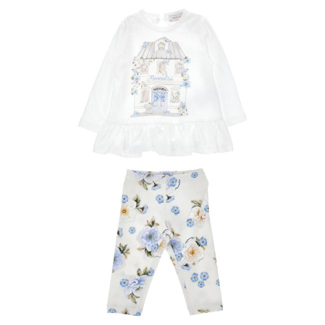 Picture of PRE ORDER Monnalisa Bebe Girls Bear House Top & Leggings Set X 2 - Ivory Blue