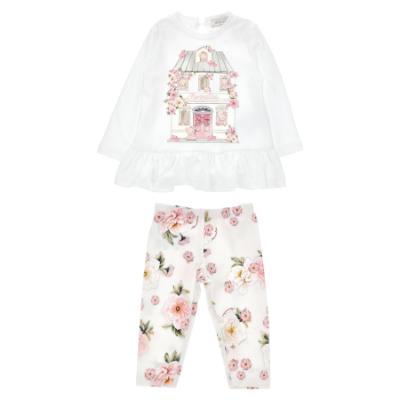 Picture of PRE ORDER Monnalisa Bebe Girls Bear House Top & Leggings Set X 2 - Ivory Pink