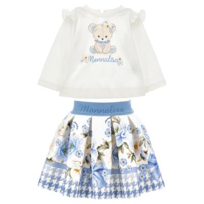 Picture of PRE ORDER Monnalisa Bebe Girls Bear Ruffle Top & Skirt Set X 2 - Ivory Blue