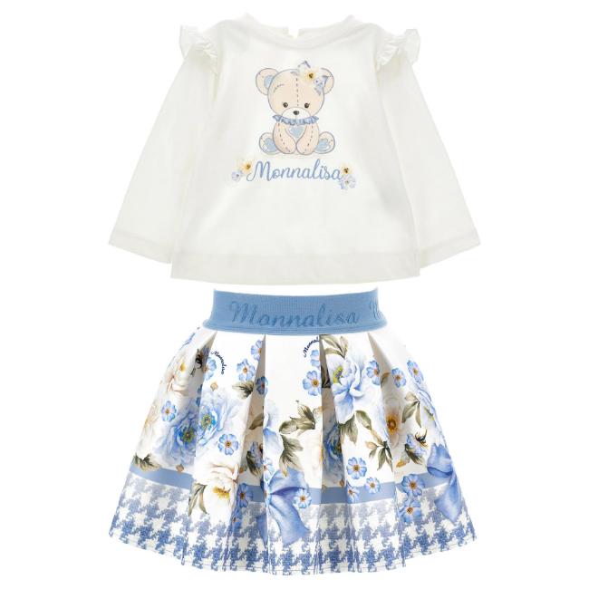 Picture of PRE ORDER Monnalisa Bebe Girls Bear Ruffle Top & Skirt Set X 2 - Ivory Blue