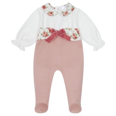 Picture of Deolinda Baby Girls Ella Floral Trim Sleepsuit & Hat Set X 2 - Ivory Dark Pink