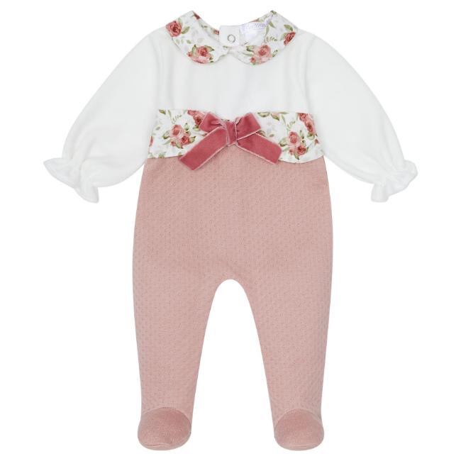 Picture of Deolinda Baby Girls Ella Floral Trim Sleepsuit & Hat Set X 2 - Ivory Dark Pink