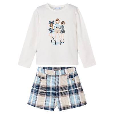 Picture of Mayoral Girls Winter Top & Check Shorts Set X 2 - Ivory Navy Blue