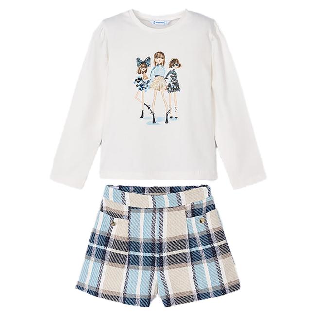 Picture of Mayoral Girls Winter Top & Check Shorts Set X 2 - Ivory Navy Blue