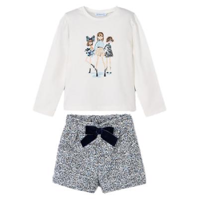 Picture of Mayoral Girls Winter Top & Velvet Bow Shorts Set X 2 - Ivory Navy Blue