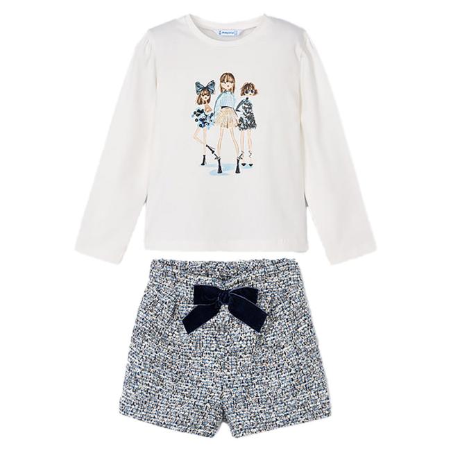 Picture of Mayoral Girls Winter Top & Velvet Bow Shorts Set X 2 - Ivory Navy Blue