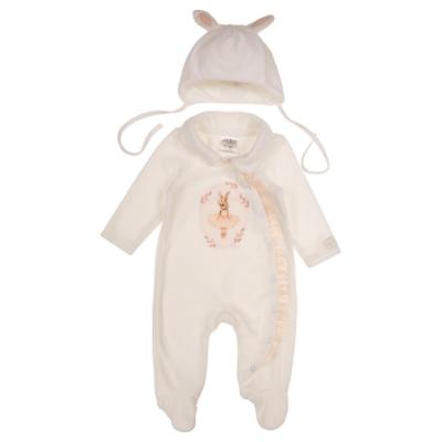 Picture of Jamiks Kids Baby Girls Eugenie Ballerina Babygrow Hat Swaddle Bib Velour Set X 4 - Ivory Pink