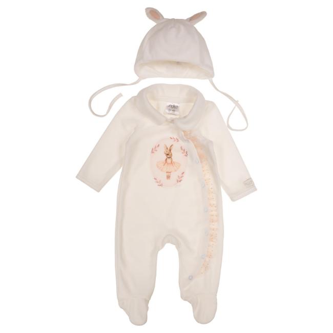 Picture of Jamiks Kids Baby Girls Eugenie Ballerina Babygrow Hat Swaddle Bib Velour Set X 4 - Ivory Pink