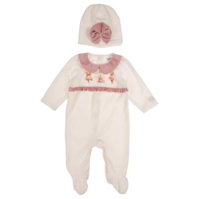 Picture of Jamiks Kids Baby Girls Charlene 3 Bears Babygrow Hat Swaddle Bib Velour Set X 4 - Ivory Pink