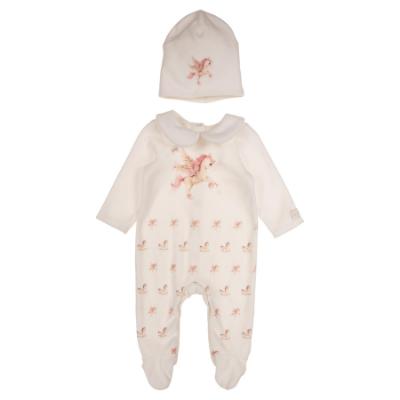 Picture of Jamiks Kids Baby Girls Reese Unicorn Babygrow Hat Swaddle Bib Velour Set X 4 - Ivory Pink