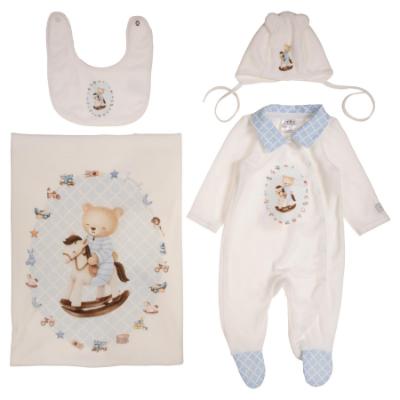 Picture of Jamiks Kids Baby Boys Andretti Rocking Horse  Babygrow Hat Swaddle Bib Velour Set X 4 - Ivory Pale Blue