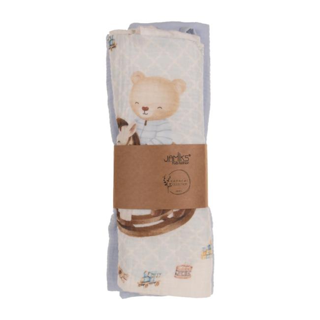 Picture of Jamiks Kids Baby Boys Andretti Rocking Horse Organic Muslin Gift Set X 2 - Ivory Pale Blue