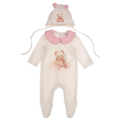 Picture of Jamiks Kids Baby Girls Soeli Teddy Bear Babygrow Hat Swaddle Bib Velour Set X 4 - Ivory Pink