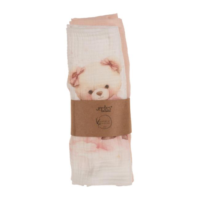 Picture of Jamiks Kids Baby Girls Soeli Teddy Bear Organic Muslin Gift Set X 2 - Ivory Pink