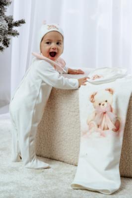 Picture of Jamiks Kids Baby Girls Soeli Teddy Bear Babygrow Hat Swaddle Bib Velour Set X 4 - Ivory Pink